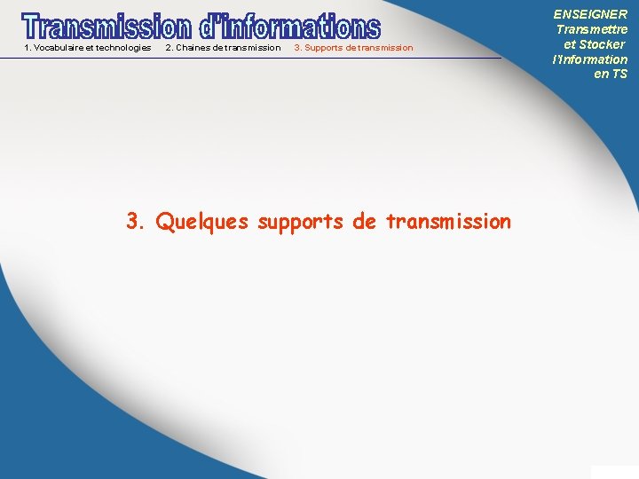 1. Vocabulaire et technologies 2. Chaines de transmission 3. Supports de transmission 3. Quelques