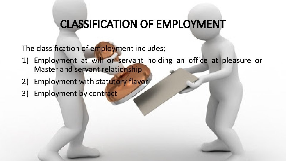 CLASSIFICATION OF EMPLOYMENT The classification of employment includes; 1) Employment at will or servant