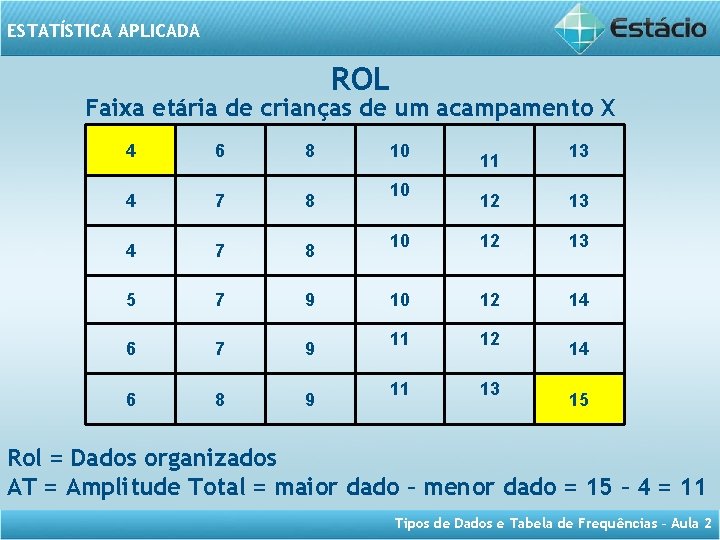 ESTATÍSTICA APLICADA ROL Faixa etária de crianças de um acampamento X 4 6 8