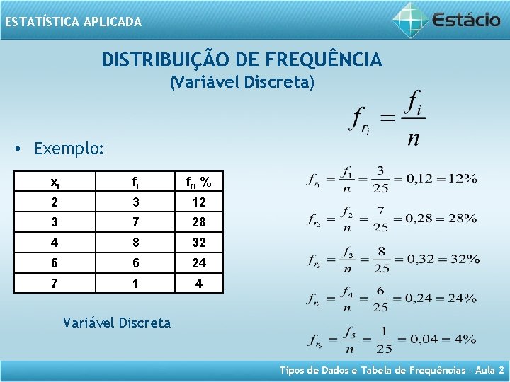 ESTATÍSTICA APLICADA DISTRIBUIÇÃO DE FREQUÊNCIA (Variável Discreta) • Exemplo: xi fi fri % 2