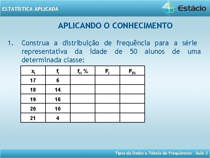 ESTATÍSTICA APLICADA APLICANDO O CONHECIMENTO 1. Construa a distribuição de frequência para a série