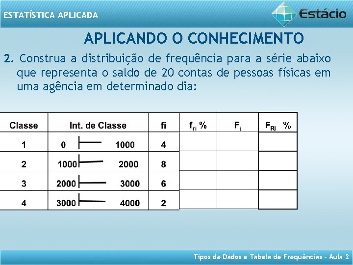 ESTATÍSTICA APLICADA APLICANDO O CONHECIMENTO 2. Construa a distribuição de frequência para a série