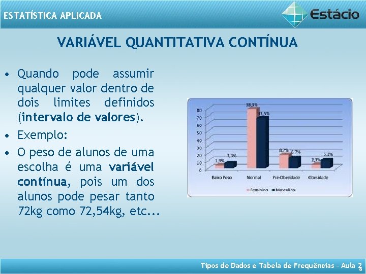 ESTATÍSTICA APLICADA VARIÁVEL QUANTITATIVA CONTÍNUA • Quando pode assumir qualquer valor dentro de dois