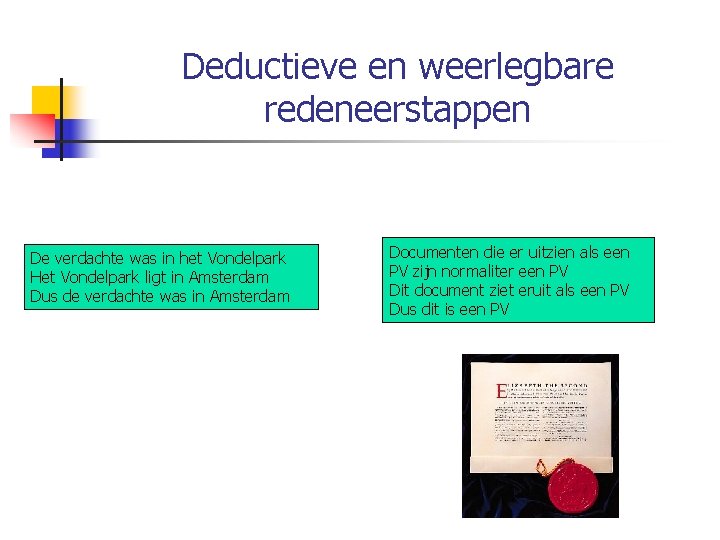 Deductieve en weerlegbare redeneerstappen De verdachte was in het Vondelpark Het Vondelpark ligt in