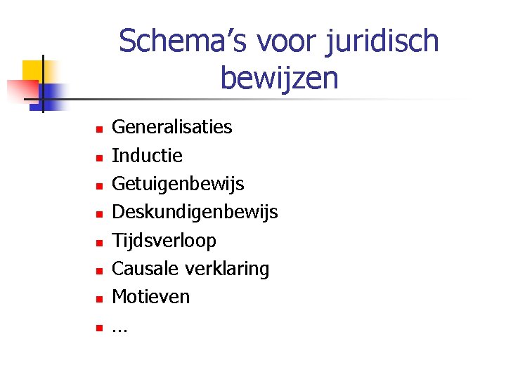 Schema’s voor juridisch bewijzen n n n n Generalisaties Inductie Getuigenbewijs Deskundigenbewijs Tijdsverloop Causale