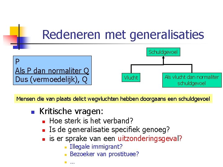 Redeneren met generalisaties Schuldgevoel P Als P dan normaliter Q Dus (vermoedelijk), Q Vlucht