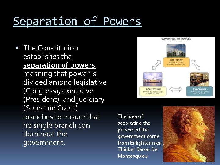 Separation of Powers The Constitution establishes the separation of powers, meaning that power is