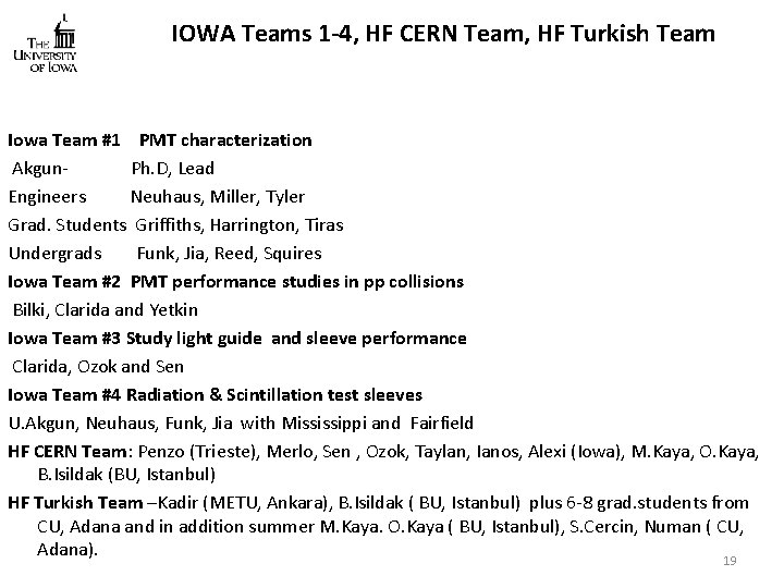 IOWA Teams 1 -4, HF CERN Team, HF Turkish Team Iowa Team #1 PMT