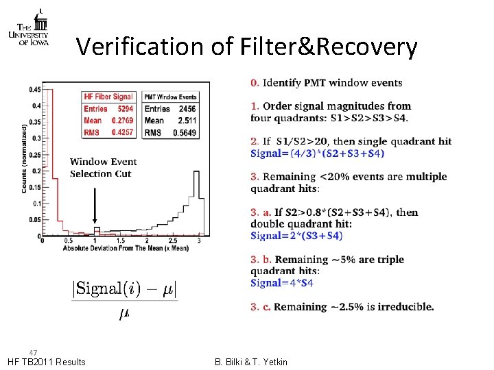 Verification of Filter&Recovery 47 HF TB 2011 Results B. Bilki & T. Yetkin 