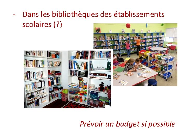 - Dans les bibliothèques des établissements scolaires (? ) Prévoir un budget si possible