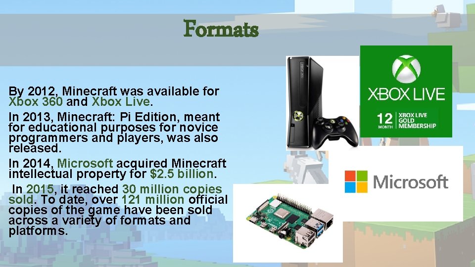 Formats By 2012, Minecraft was available for Xbox 360 and Xbox Live. In 2013, Formats By 2012, Minecraft was available for Xbox 360 and Xbox Live. In 2013,