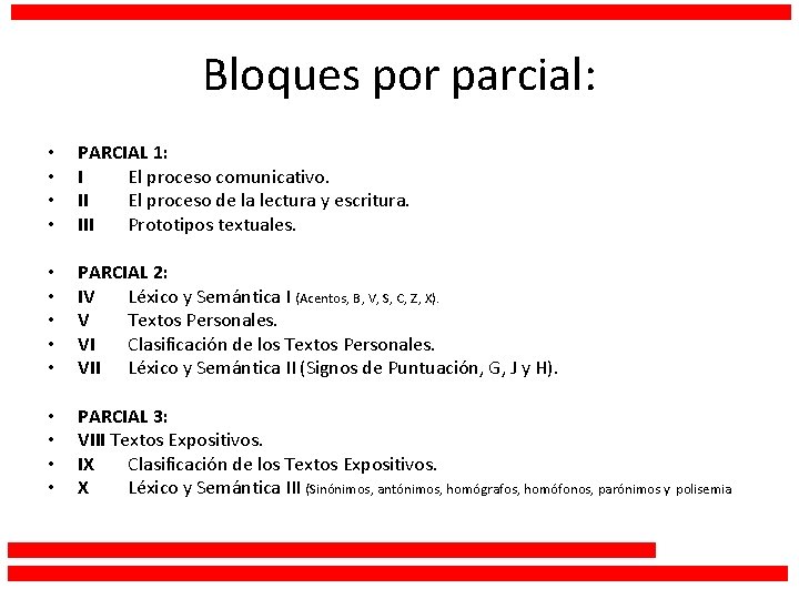 Bloques por parcial: • • PARCIAL 1: I El proceso comunicativo. II El proceso