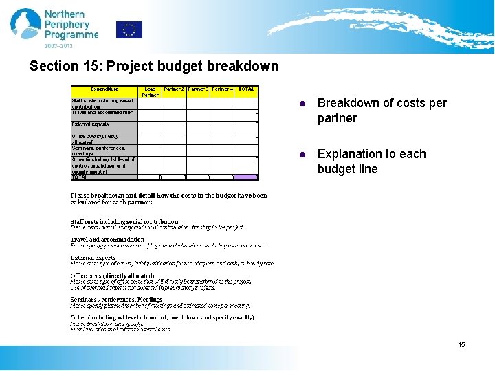 Section 15: Project budget breakdown l Breakdown of costs per partner l Explanation to