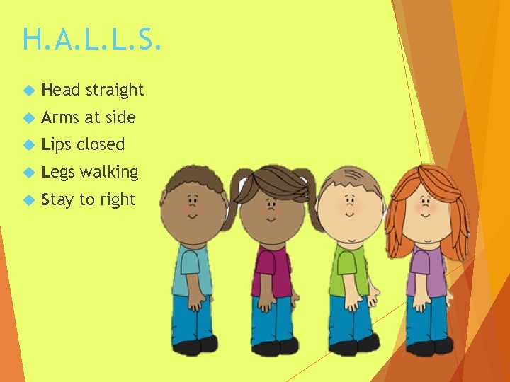 H. A. L. L. S. Head straight Arms at side Lips closed Legs walking H. A. L. L. S. Head straight Arms at side Lips closed Legs walking