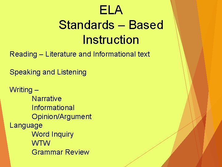 ELA Standards – Based Instruction Reading – Literature and Informational text Speaking and Listening