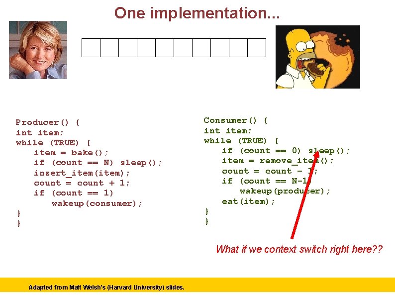 One implementation. . . Producer Consumer int count = 0; Producer() { int item;