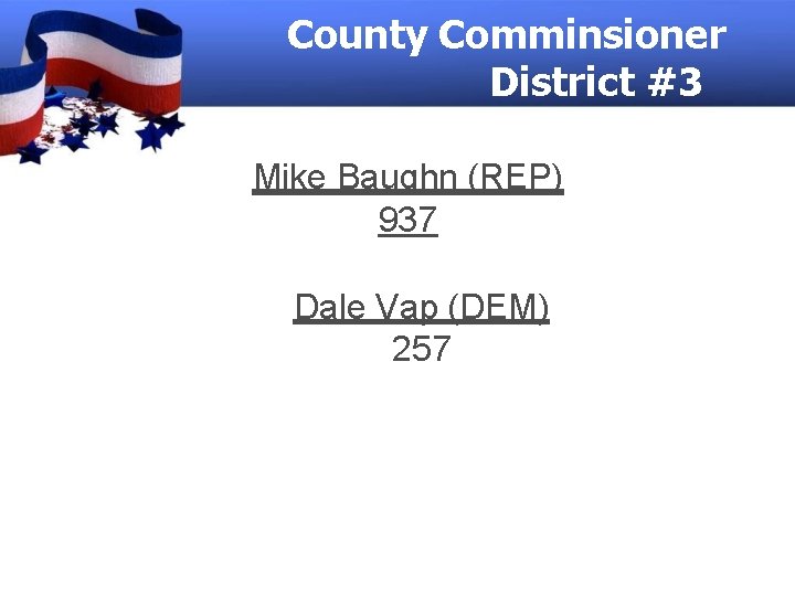 County Comminsioner District #3 Mike Baughn (REP) 937 Dale Vap (DEM) 257 