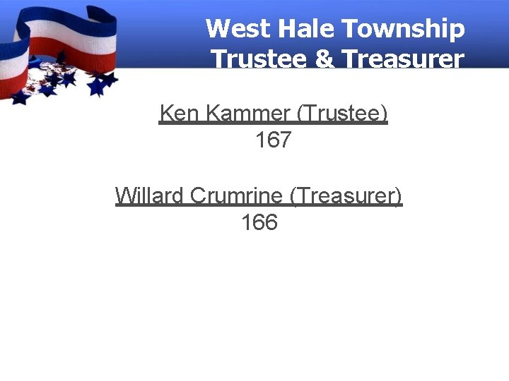 West Hale Township Trustee & Treasurer Ken Kammer (Trustee) 167 Willard Crumrine (Treasurer) 166