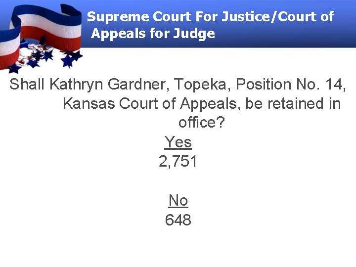 Supreme Court For Justice/Court of Appeals for Judge Shall Kathryn Gardner, Topeka, Position No.