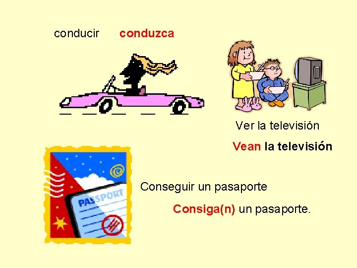 conducir conduzca Ver la televisión Vean la televisión Conseguir un pasaporte Consiga(n) un pasaporte.