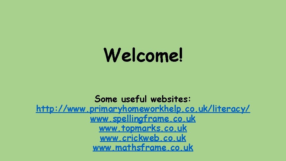 Welcome! Some useful websites: http: //www. primaryhomeworkhelp. co. uk/literacy/ www. spellingframe. co. uk www.
