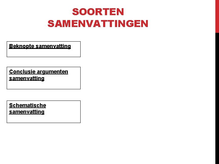 SOORTEN SAMENVATTINGEN Beknopte samenvatting Conclusie argumenten samenvatting Schematische samenvatting 