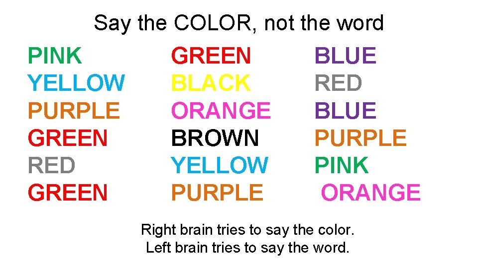 Say the COLOR, not the word PINK YELLOW PURPLE GREEN RED GREEN BLACK ORANGE
