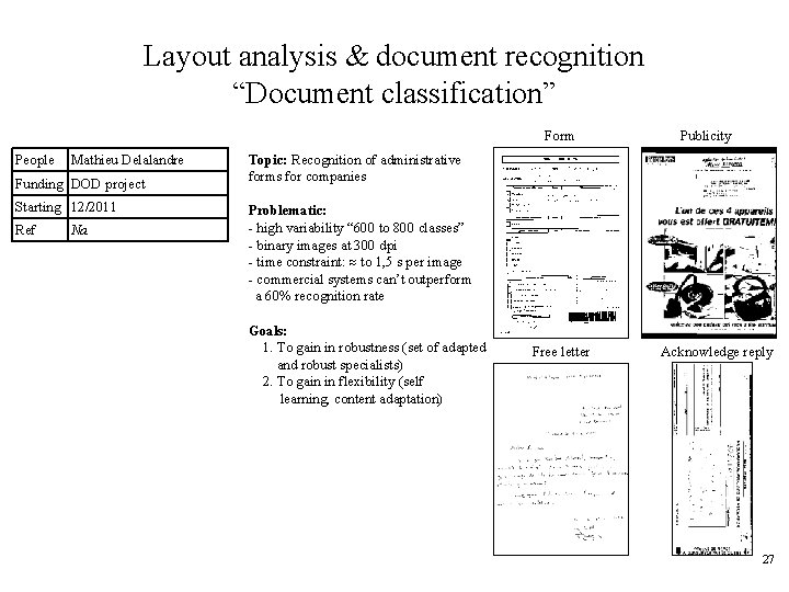Layout analysis & document recognition “Document classification” Form People Mathieu Delalandre Funding DOD project