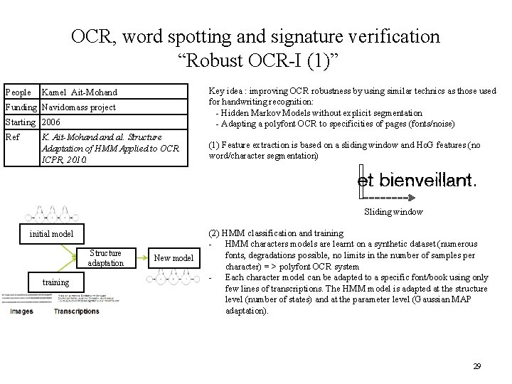 OCR, word spotting and signature verification “Robust OCR-I (1)” People Key idea : improving