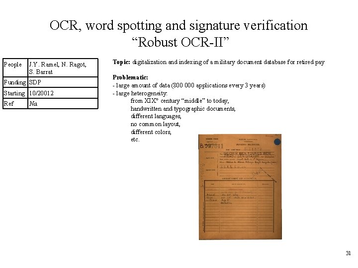 OCR, word spotting and signature verification “Robust OCR-II” People J. Y. Ramel, N. Ragot,