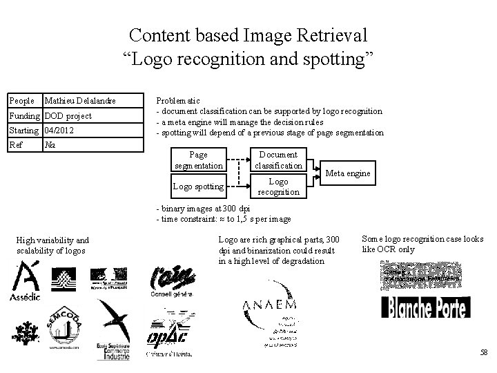 Content based Image Retrieval “Logo recognition and spotting” People Mathieu Delalandre Funding DOD project