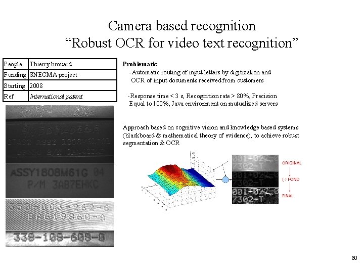 Camera based recognition “Robust OCR for video text recognition” People Thierry brouard Funding SNECMA