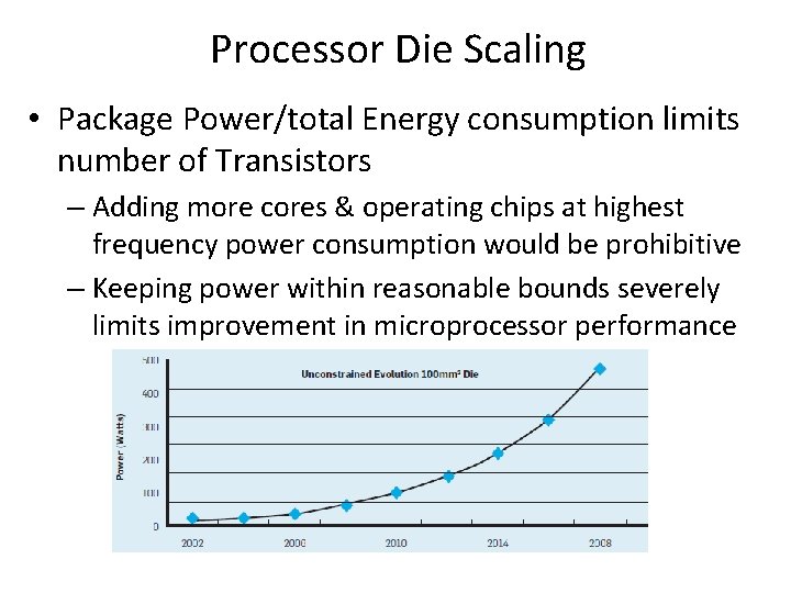 Processor Die Scaling • Package Power/total Energy consumption limits number of Transistors – Adding