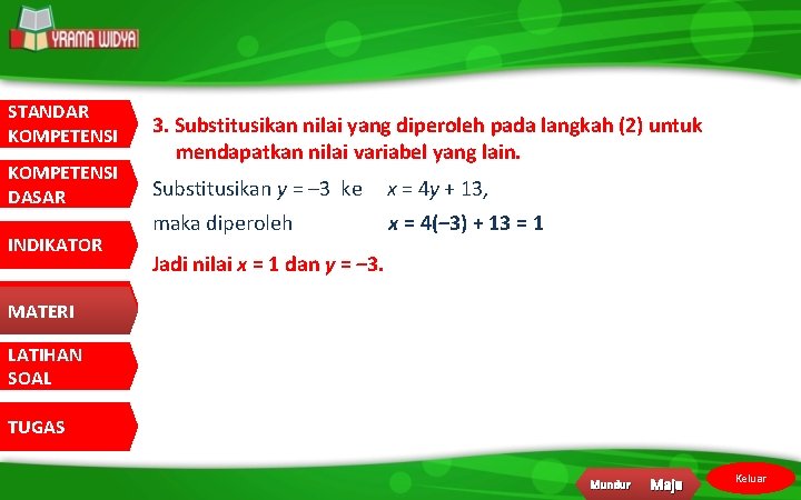 STANDAR KOMPETENSI DASAR INDIKATOR 3. Substitusikan nilai yang diperoleh pada langkah (2) untuk mendapatkan