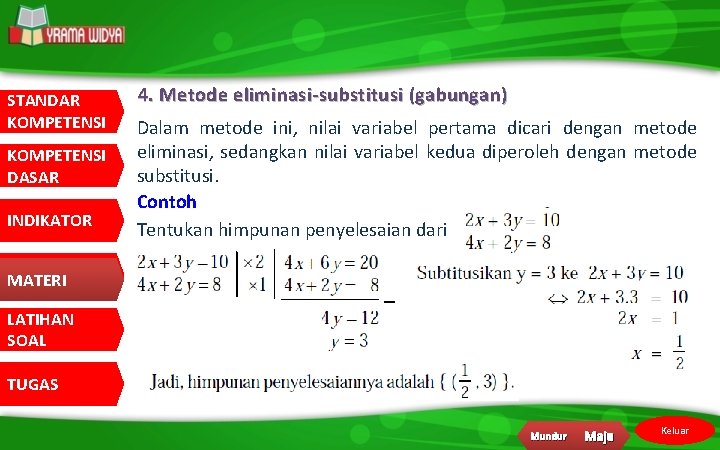 STANDAR KOMPETENSI DASAR INDIKATOR 4. Metode eliminasi -substitusi (gabungan) Dalam metode ini, nilai variabel