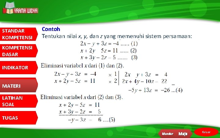 STANDAR KOMPETENSI Contoh Tentukan nilai x, y, dan z yang memenuhi sistem persamaan: KOMPETENSI