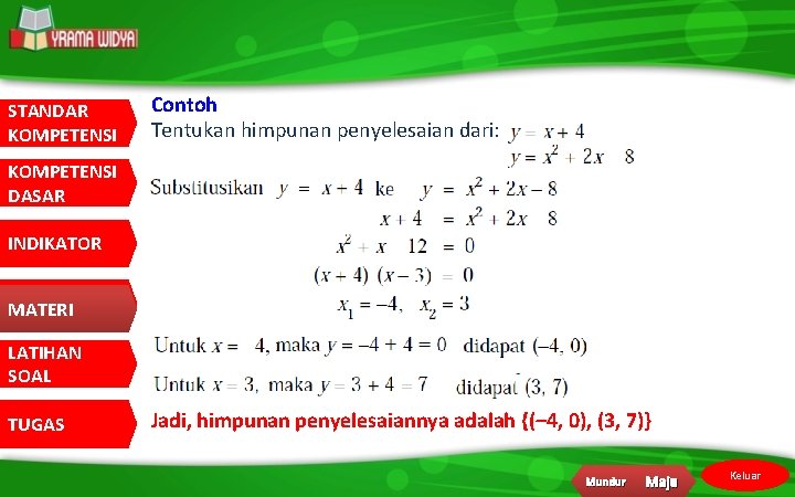 STANDAR KOMPETENSI Contoh Tentukan himpunan penyelesaian dari: KOMPETENSI DASAR INDIKATOR MATERI LATIHAN SOAL TUGAS