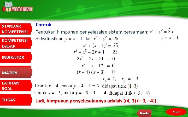 STANDAR KOMPETENSI Contoh Tentukan himpunan penyelesaian sistem persamaan: KOMPETENSI DASAR INDIKATOR MATERI LATIHAN SOAL