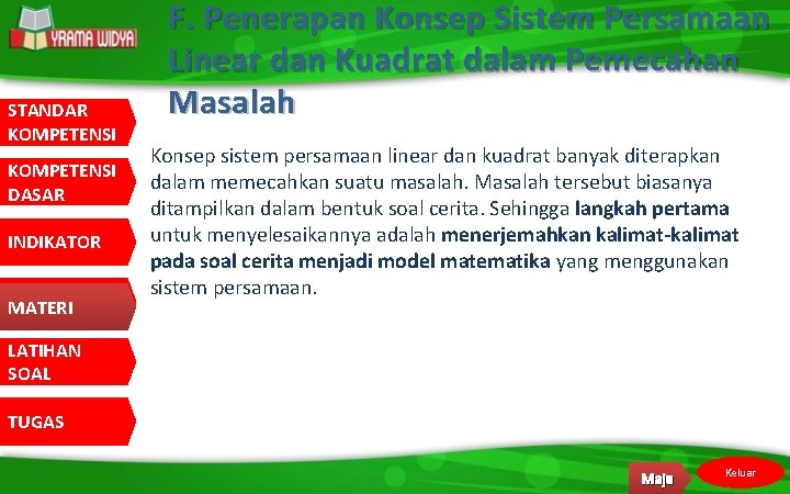 STANDAR KOMPETENSI DASAR INDIKATOR MATERI F. Penerapan Konsep Sistem Persamaan Linear dan Kuadrat dalam