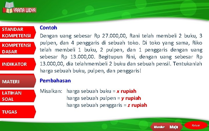 STANDAR KOMPETENSI DASAR INDIKATOR Contoh Dengan uang sebesar Rp 27. 000, Rani telah membeli