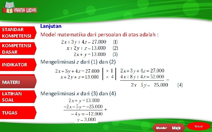 STANDAR KOMPETENSI Lanjutan Model matematika dari persoalan di atas adalah : KOMPETENSI DASAR INDIKATOR