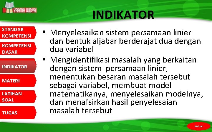 INDIKATOR STANDAR KOMPETENSI DASAR INDIKATOR MATERI LATIHAN SOAL TUGAS § Menyelesaikan sistem persamaan linier