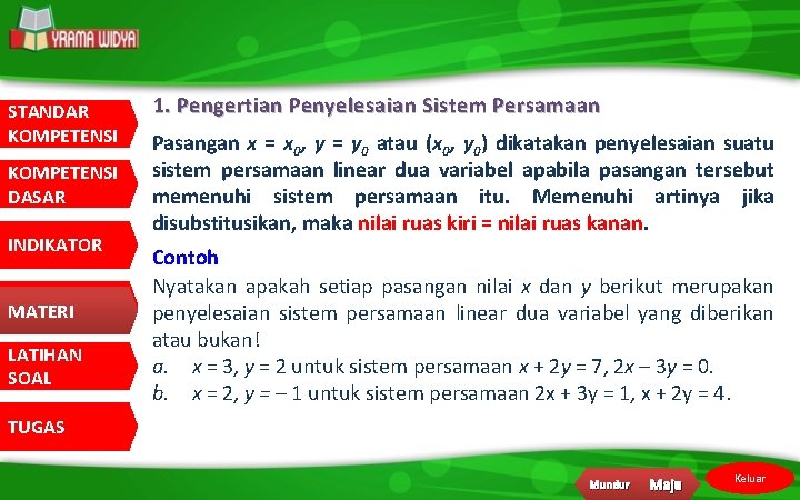 STANDAR KOMPETENSI DASAR INDIKATOR MATERI LATIHAN SOAL 1. Pengertian Penyelesaian Sistem Persamaan Pasangan x