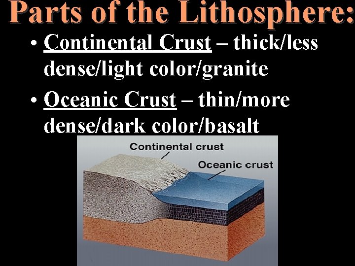 Parts of the Lithosphere: • Continental Crust – thick/less dense/light color/granite • Oceanic Crust