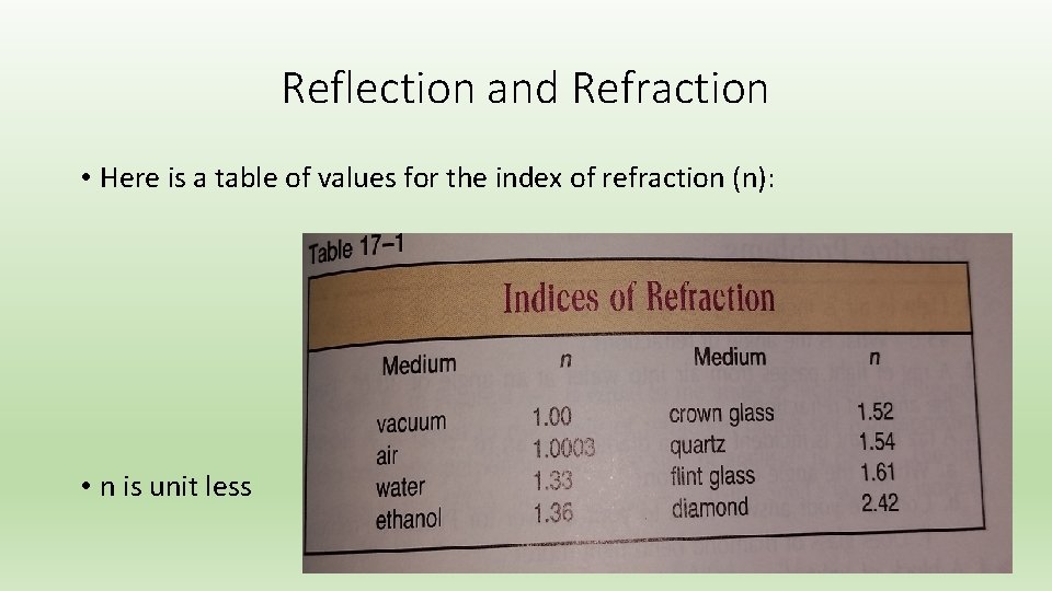 Reflection and Refraction • Here is a table of values for the index of