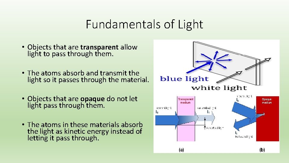 Fundamentals of Light • Objects that are transparent allow light to pass through them.