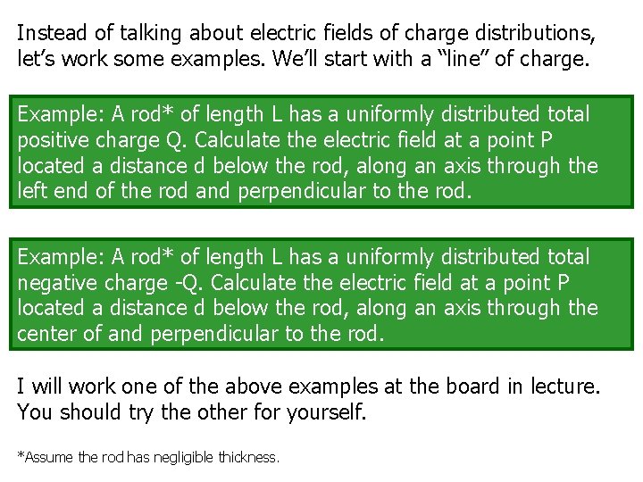 Instead of talking about electric fields of charge distributions, let’s work some examples. We’ll