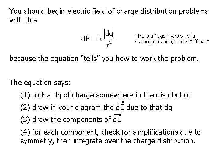 You should begin electric field of charge distribution problems with this This is a