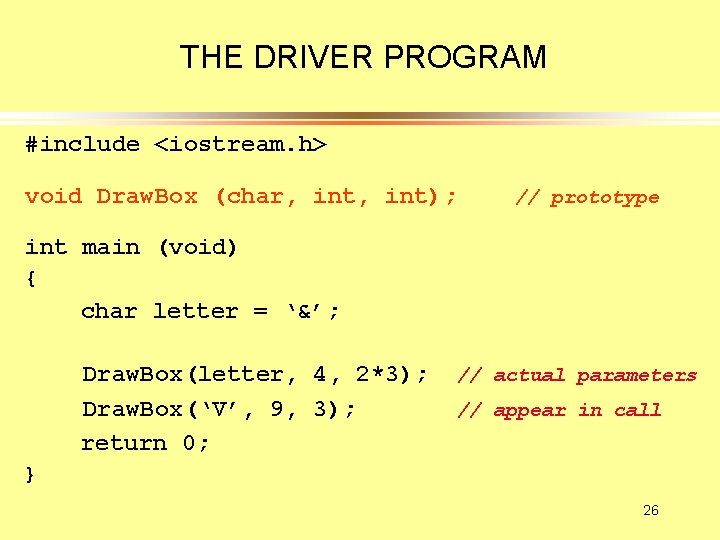 THE DRIVER PROGRAM #include <iostream. h> void Draw. Box (char, int); // prototype int