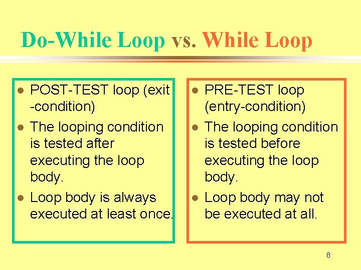Do-While Loop vs. While Loop l l l POST-TEST loop (exit -condition) The looping